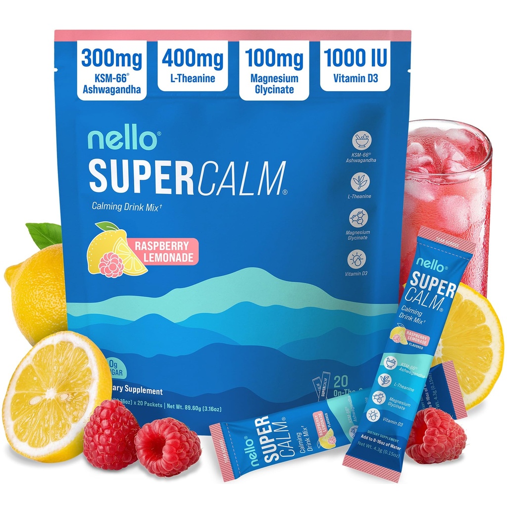 Nello Supercalm Powdered Drink Mix, Cortisol Reducer and Sleep Aid Supplement, L Theanine, Ksm-66 Ashwagandha, Magnesium Glycinate, Vitamin D 3, No Sugar, Non GMO, On The Go, 20 Ct, Raspberry Lemonade