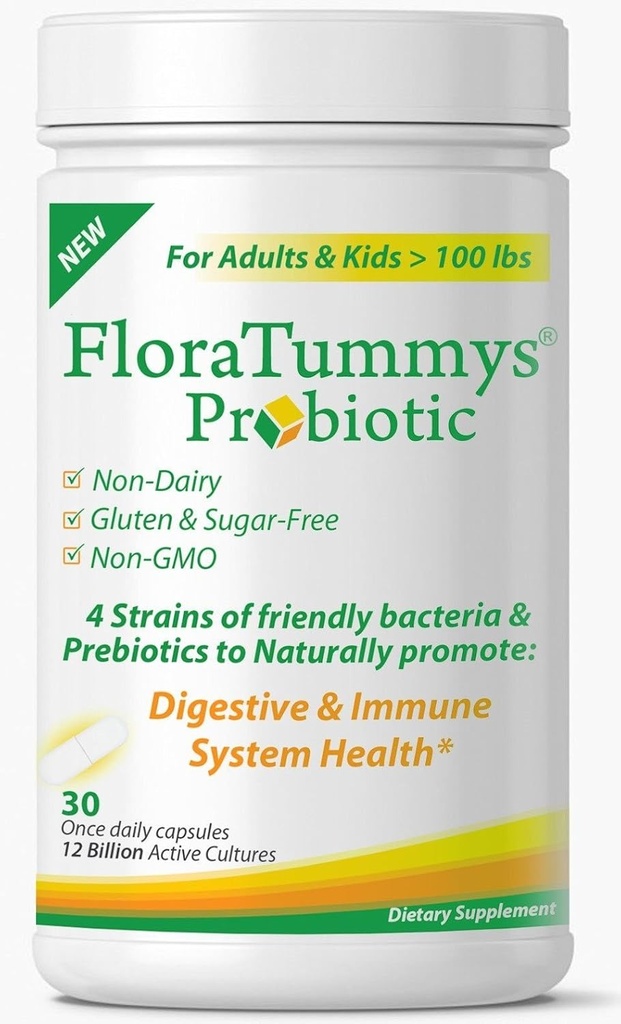 FloraTummy's Best Probiotic for Women, Men and Kids. 12 Miljard CFU, 4 Probiotische Strains, Prebiotica, Non-GMO, Kosher, Non-Dairy, Glutenvrij, Suikervrij, Made in The USA