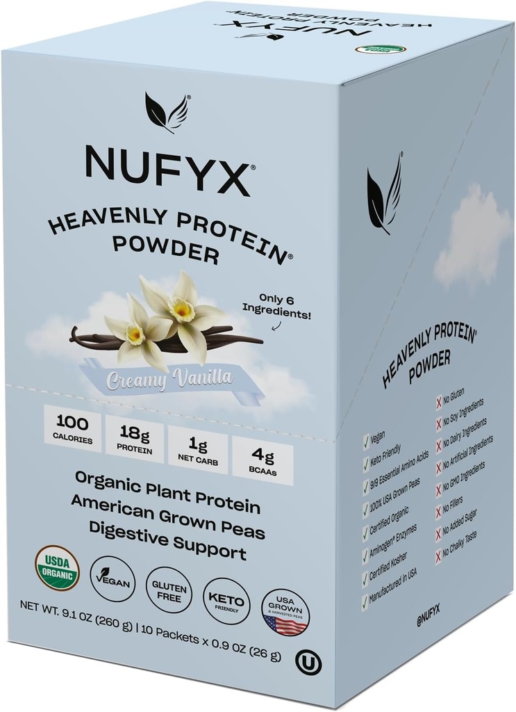 NUFYX® • Heavenly Protein® Powder • Wereldwijd Finest 100% Biologische Amerikaanse geteelde erwten • Veganistisch • Glutenvrij • Low Carb (Creamy Vanilla, Box of 10 Packets)