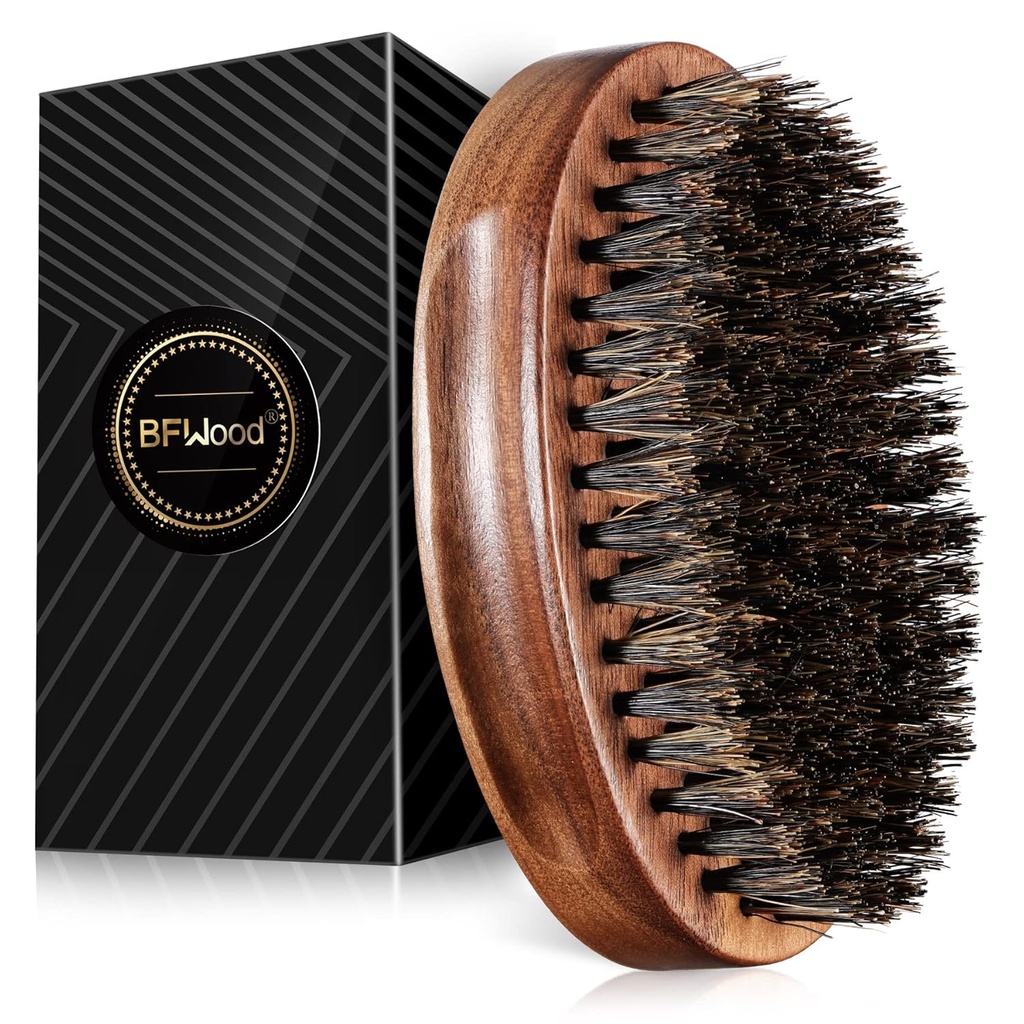 BFWood Boar Bristle Baard Brush - Black Wood Walnut Military Style, Heren houten snorborstel