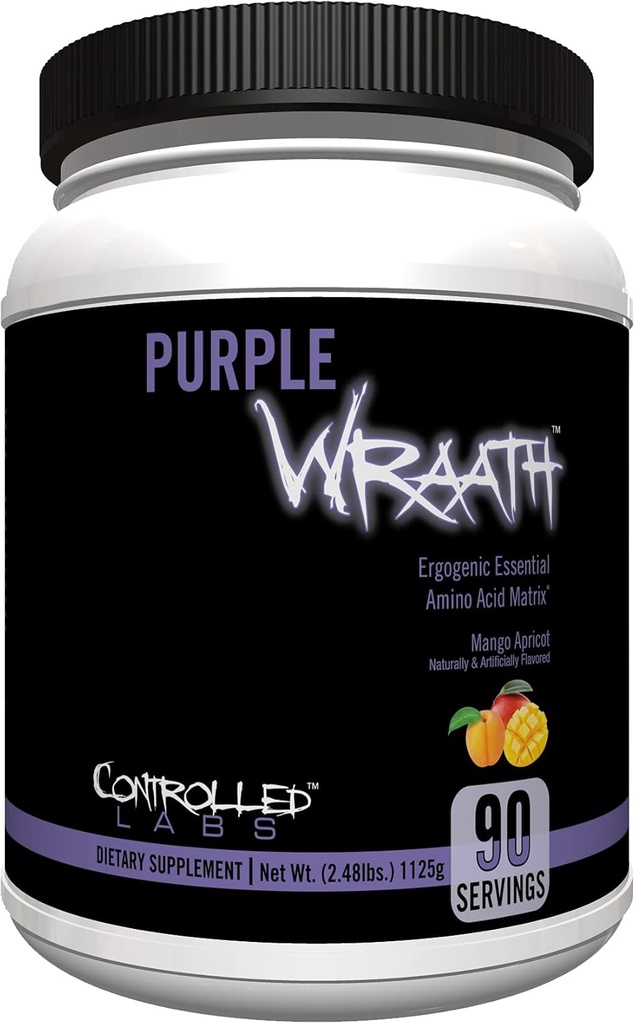 GECONTROLEERDE LABS Purple Wraad, BCAA en EAA Amino Acid Supplement, met Endurance Blend Intra Workout Powder, Optimal Endurance, Focus, en Uithoudingsvermogen (Mango Abricot, 90 Servers)