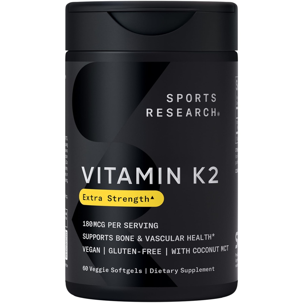 Sportonderzoek Vitamine K2 MK7 180mcg met kokosolie - 60 Veggie Softgels - Vegan Certified, Non-GMO Geverifieerd & Glutenvrij