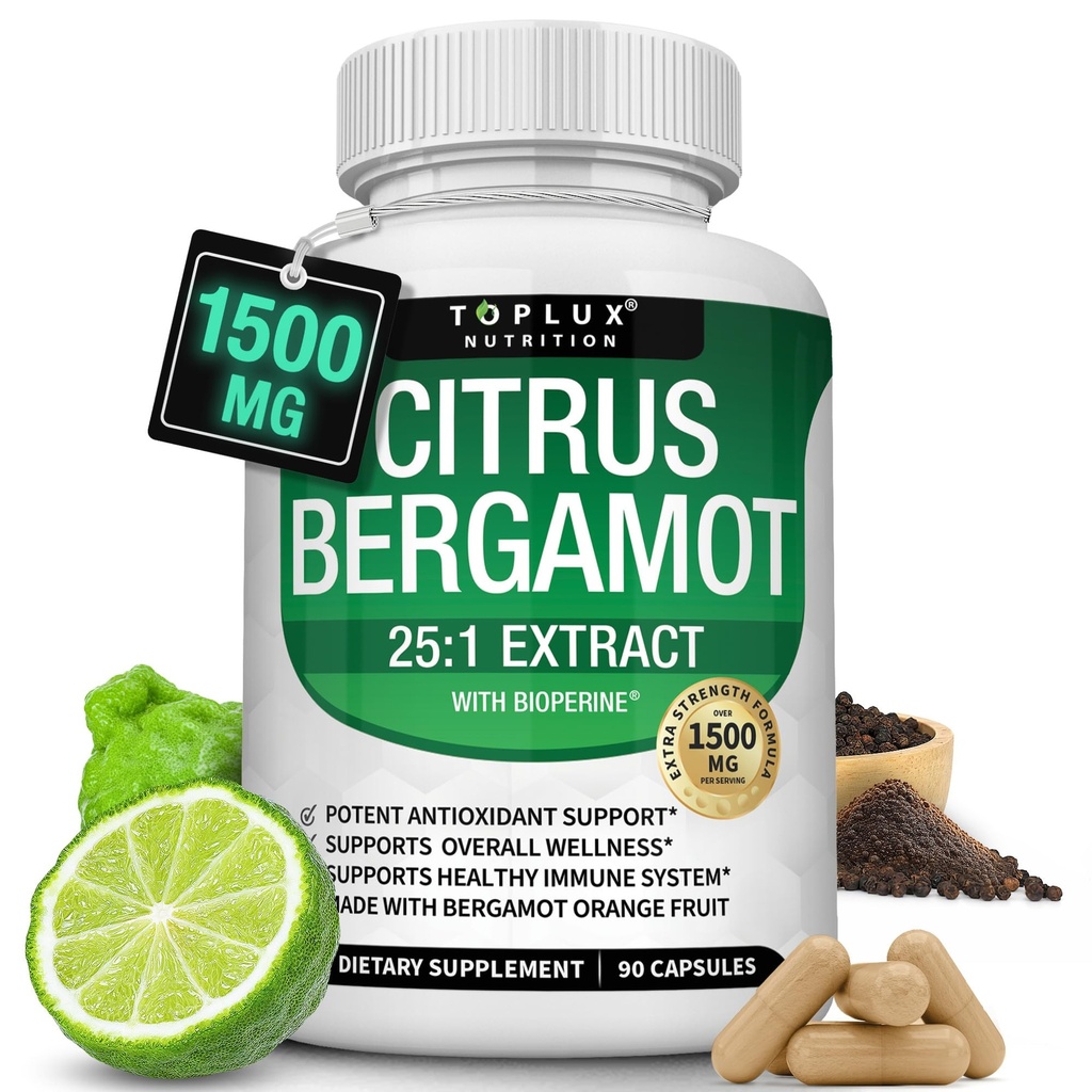 Citrus Bergamot Supplement 1500mg - 25:1 Bergamot Extract ter ondersteuning van de algehele gezondheid, immuunsysteem, krachtige antioxidant Hoge Absorptie Natuurlijke Veganistische Non-GMO voor mannen Vrouwen, 90 Capsules
