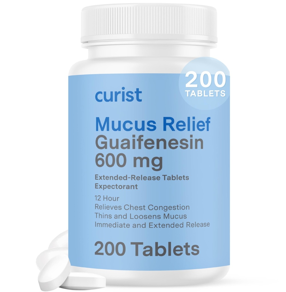 Curist Guaifenesin 600 mg Tabletten met verlengde afgifte (200 Dye-Free Tablets) - Expector Mucus Relief, Generic Guaifenesin 600 mg, (Bulk Pack)
