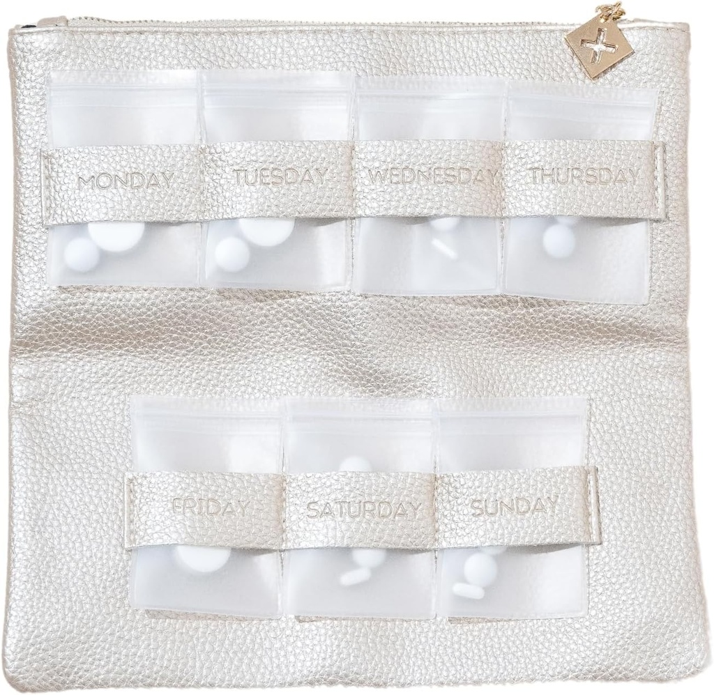 Dosey Gold Era 7-Day Pill Purse - Vegan Leather Daily Pill Organizer - Luxury Travel Pouch, luchtdichte Pill Pockets voor medische opslag en bescherming - Stijlvolle Pill Sorter & Medication Organizer