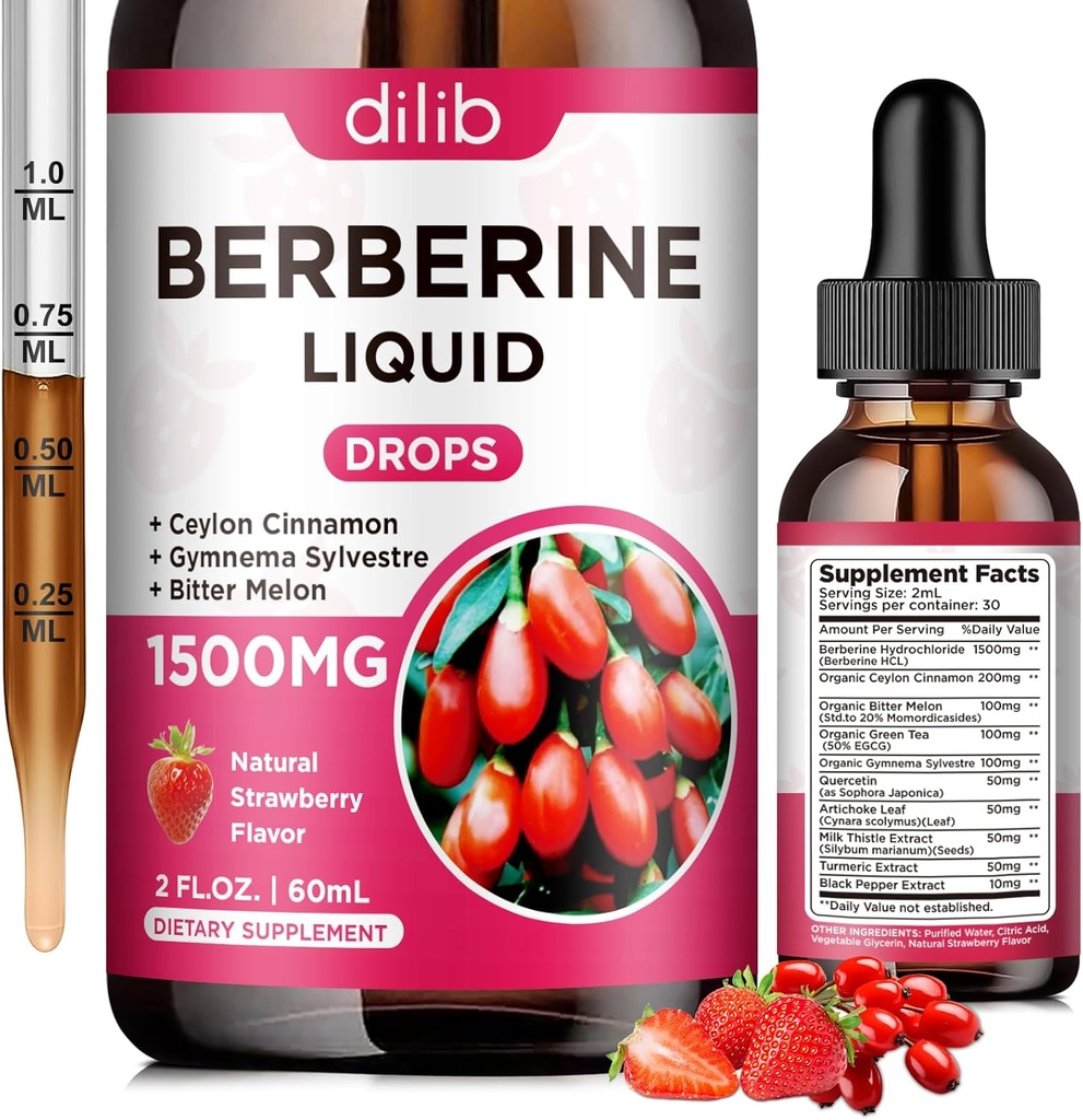 Berberine Supplement Liquid Drops - Berberine HCL 1500mg met Ceylon Cinnamon, Bitter Melon, Gymnema Sylvestre voor Immune, Digestie Systeem & Hart Gezondheid, Natuurlijke Aardbei Flavor, 2 Fl Oz