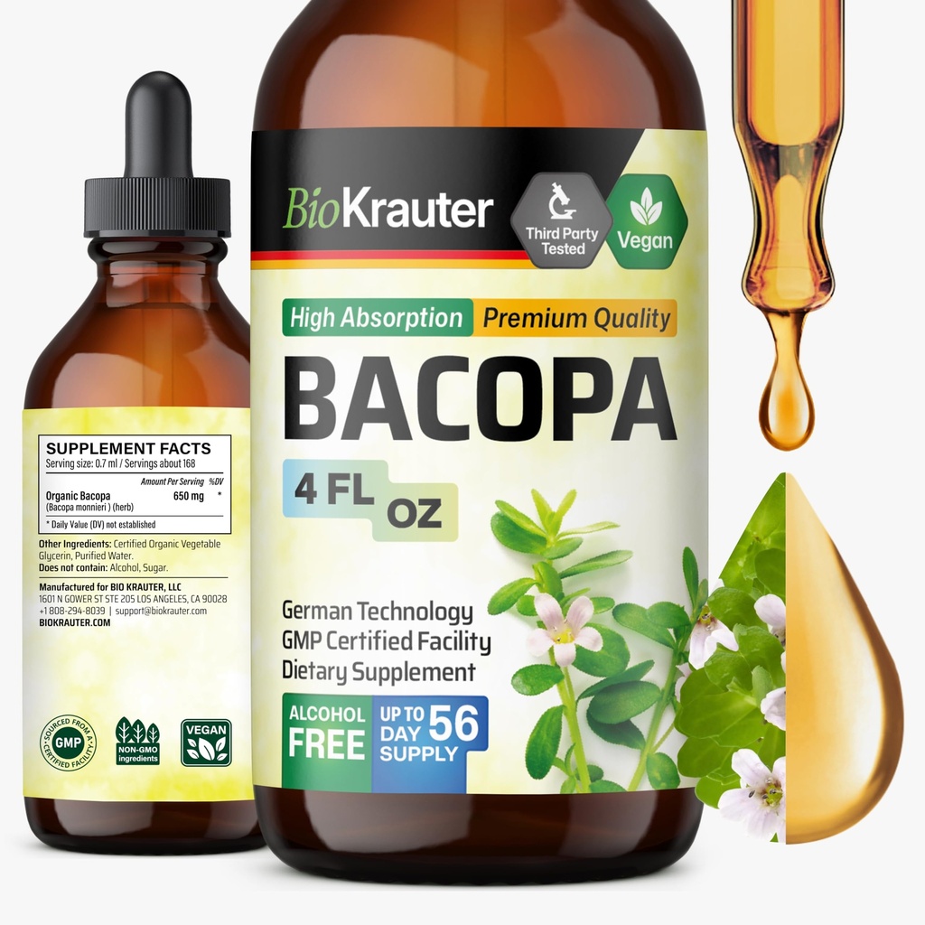 BIO KRAUTER Bacopa Monnieri Supplement Liquid - Hersenondersteuning Brahmi - Alcohol & Sugar Free Liquid Bacopa Herb Drops 4 Fl.Oz.
