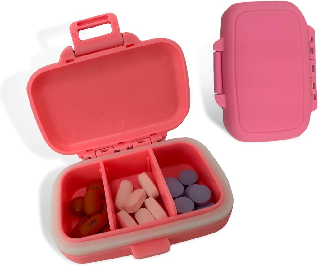 Reizen pil Organizer - Duurzame, Waterdichte pil Case Travel Grootte met 3 Compartiments - Compacte pil Travel Case voor Vitaminen, Supplementen, Geneeskunde - Travel Pill Container voor Purse (Roze)