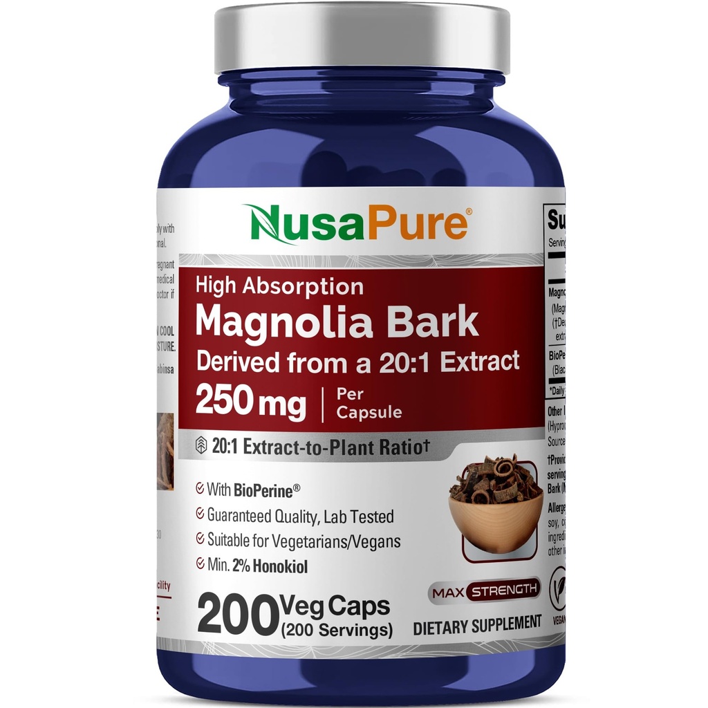 NusaPure Magnolia Bark 20:1 Extract, 250 mg Equivalent aan 5.000 mg 200 Vegan Vegetarian Capsules Non-GMO