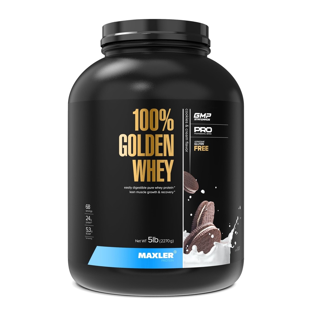 Maxler 100% Golden Whey Protein - 24g proteïne per portie - Premium Wei Proteïne Poeder voor Pre Post Training - Fast-Absorbing Wei Concentrate, Isolaat & Hydrolysaat Blend - Cookies & Cream 5 lb
