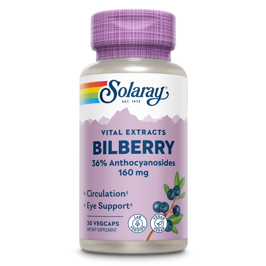 SOLARAY Bilberry Extract 160 mg, Eye Health & Circulation Support, 36% Antho cyanosides Plus Blueberry, Vegan, 30 VegCaps