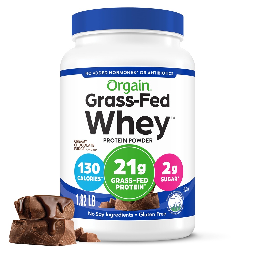 Orgain Whey Protein Powder, Romige Chocolade Fudge - 21g Grass Fed Dairy Protein, 5g BCAA's, 4g Prebiotic Fiber, Geen suiker toegevoegd, Geen toegevoegde hormonen, Glutenvrij, Kosher, voor Shakes & Smoothies - 1.82lb
