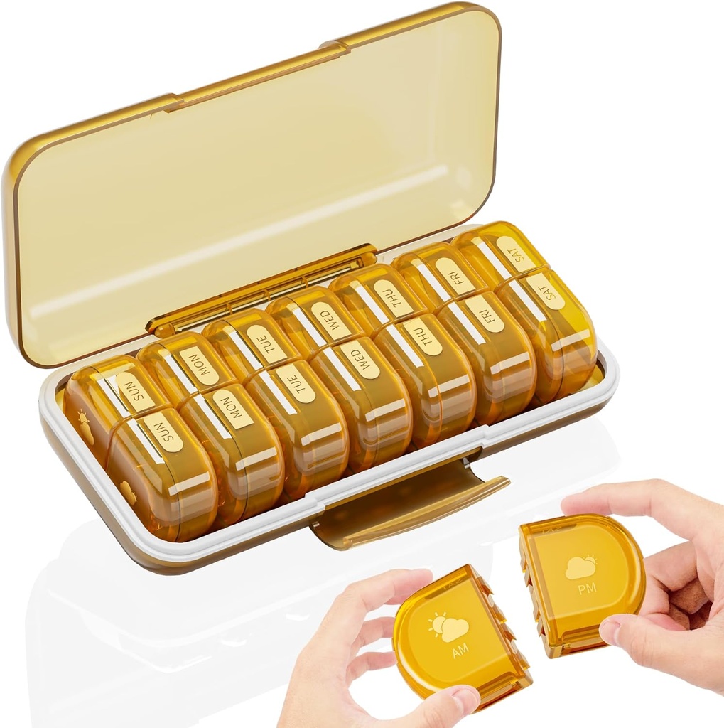 Weekly pil Organizer 2 keer per dag, grote 7 dagen Am Pm pil Box - Acedada Tweemaal dagelijkse pil geval met afneembare dag Nacht ontwerp, medicijn container houder voor vitamine, visolie, supplementen, Amber