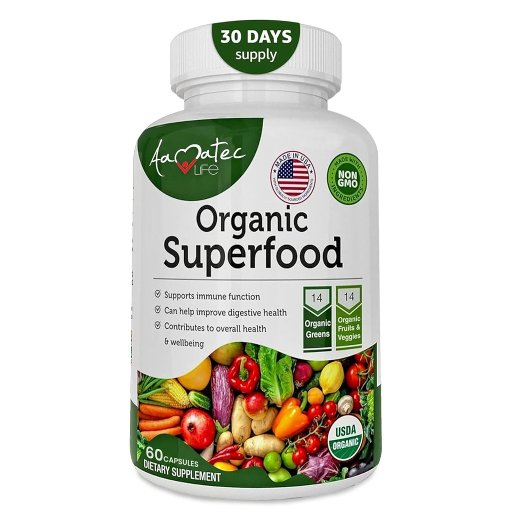 Biologische Superfood Greens Fruit en Veggie Complex - Dieetsupplement met 14 Groenen en 14 Fruit & Groenten met Alfalfa Rijk in Antioxidant Biologische Ingrediënten Non-GMO 60 Capsules