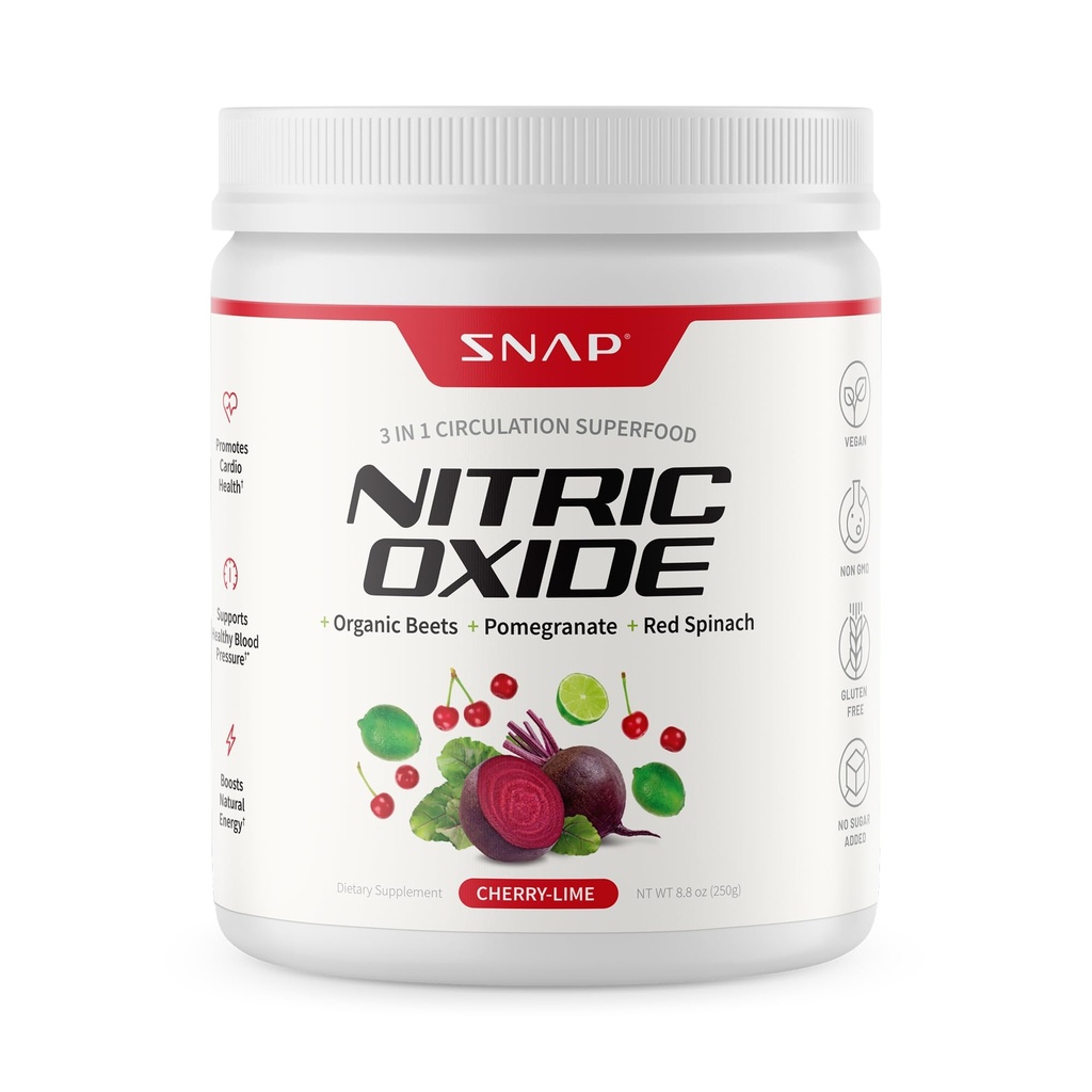 Snap Supplementen Biologische Beet Root Nitric Oxide Powder - Ondersteunt energie en gezonde circulatie, 8,8 oz (30 porties, 1 maand levering), Cherry Lime