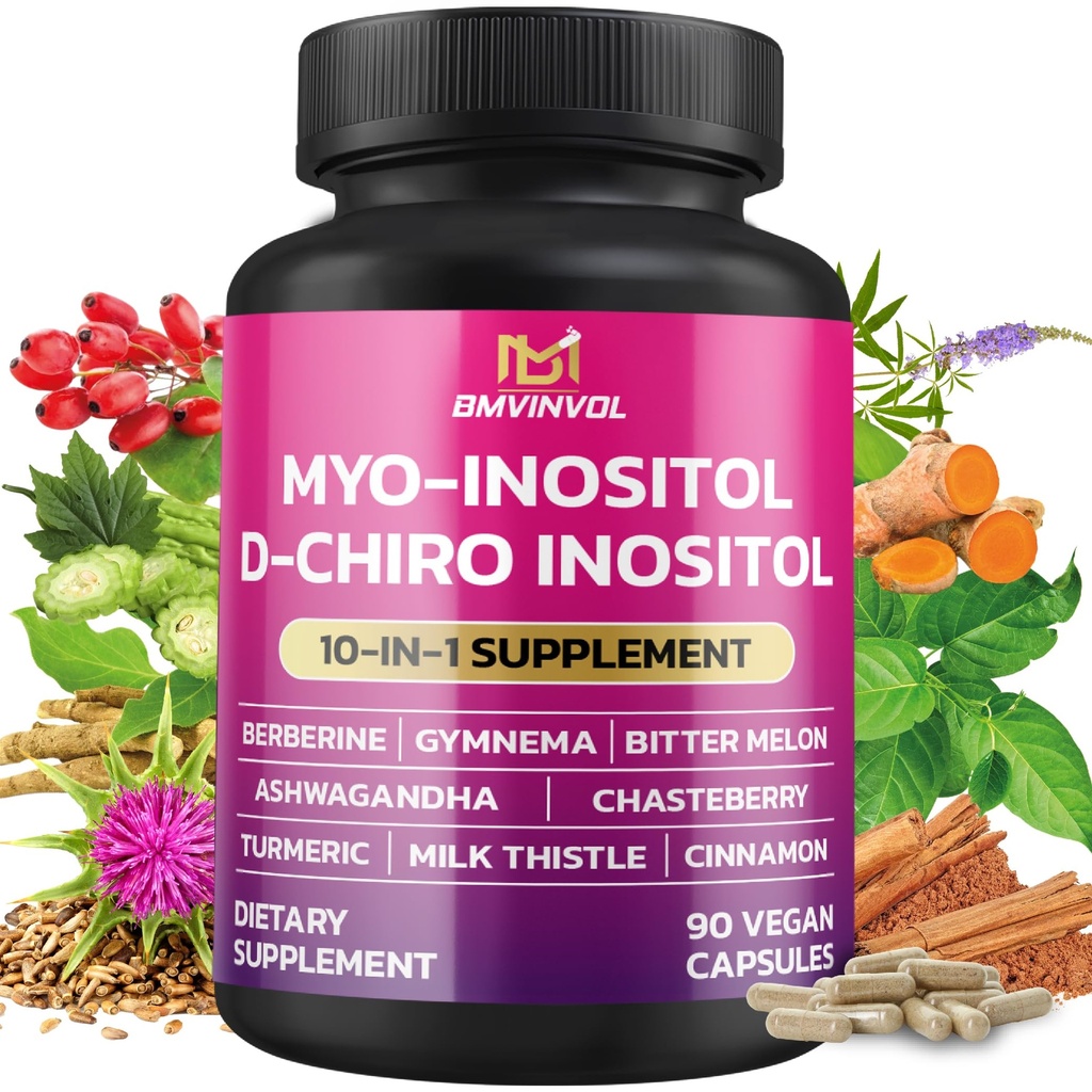 BMVINVOL Inositol Supplement - Myo-Inositol en D-Chiro Inositol Ideaal 40:1 Ratio - Plus Berberine, Kaneel, Ashwagandha + 5 Meer - 90 Capsules