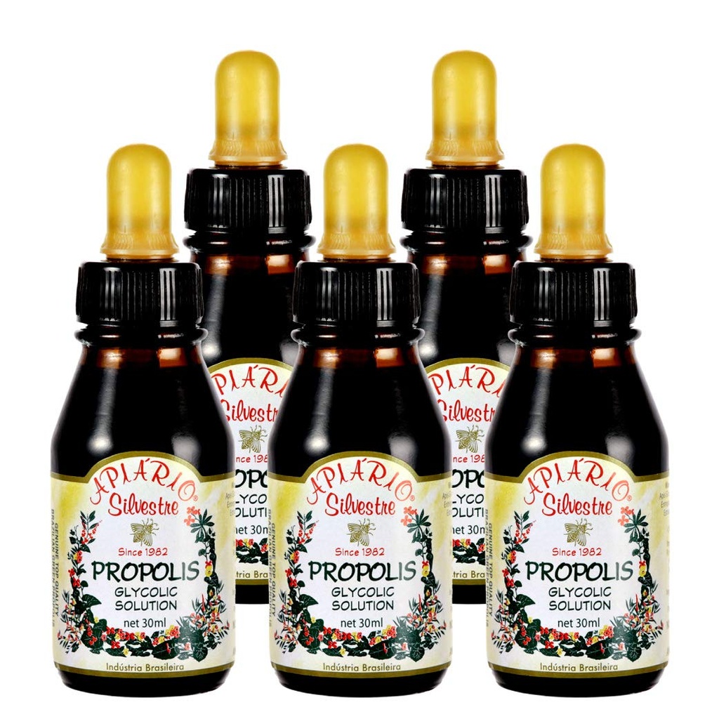 Officiële distributeur - 5 flessen Apiario Silvestre Braziliaanse Green Bee Propolis Liquid Glycolic Extract-Niet Alcoholisch, Wasvrij, Suikervrij (PG)