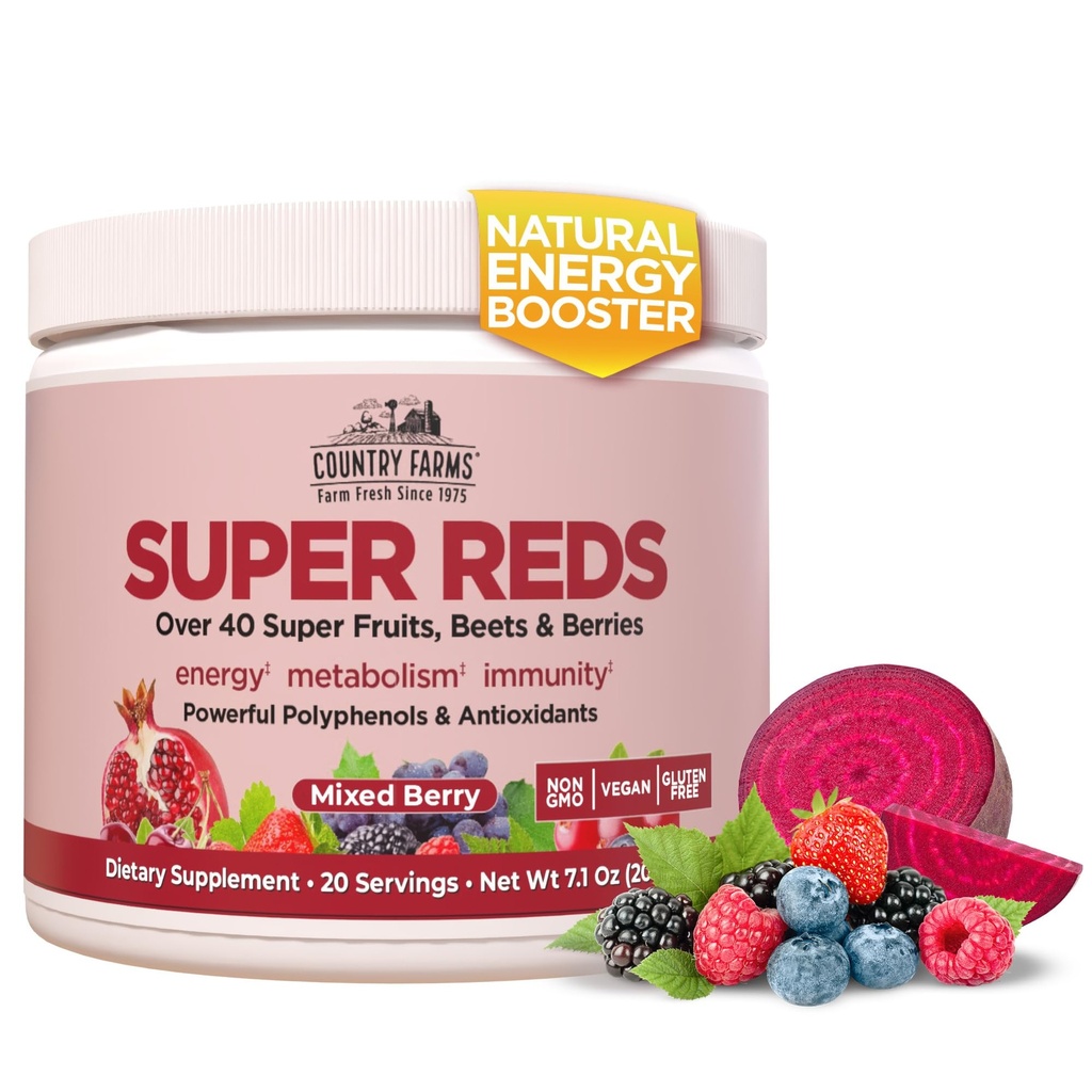 LAND LANDBOUW Super Reds, Energizing Polyfenol Superfood, 48 Super Fruit en Bessen, Krachtige Antioxidanten en Polyfenolen, Ondersteunt Energie, 20 Servers, Gemengde Berry smaak
