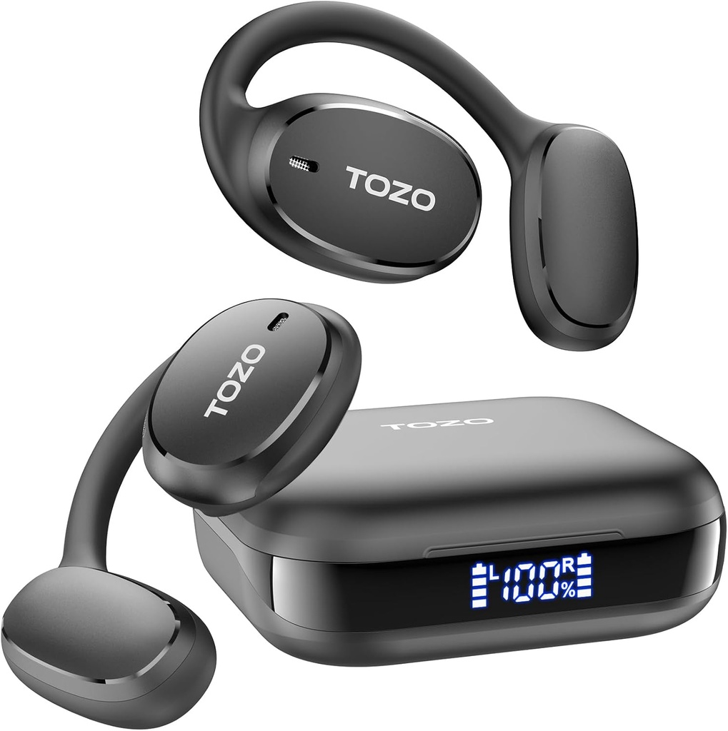 TOZO OpenEgo Open oordopjes Bluetooth hoofdtelefoons, 80Hrs Playtime Draadloze oordopjes met oorhaakjes, digitale weergave, 32 EQ-modi, Clear Call, Comfortable Wear, Sweat-Proof voor hardlopen workout zwart