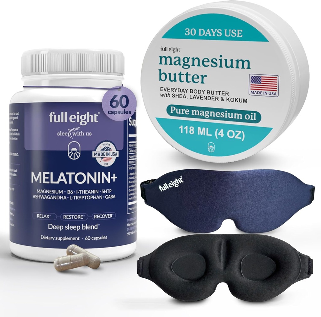 Slaapbundel: 3D licht blokkeren slaapmasker, Melatonine+ snel oplossen Melatonine supplementen 60 capsules, en Magnesium Body Butter voor gespannen benen & strakke spieren, 4oz crème
