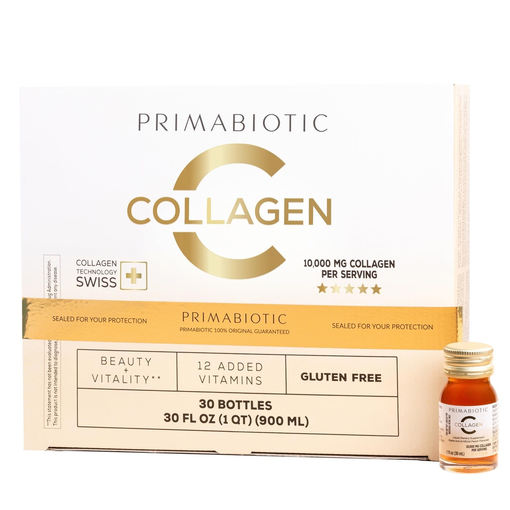 PRIMABIOTIC Liquid Collageen - High Collageen Inhoud [10.000 Mg] Per portie - Gehydrolyseerde collageen en 12 vitamines - Glutenvrij- 900 Ml - Verpakking van 30 flessen x 30 Ml (1)