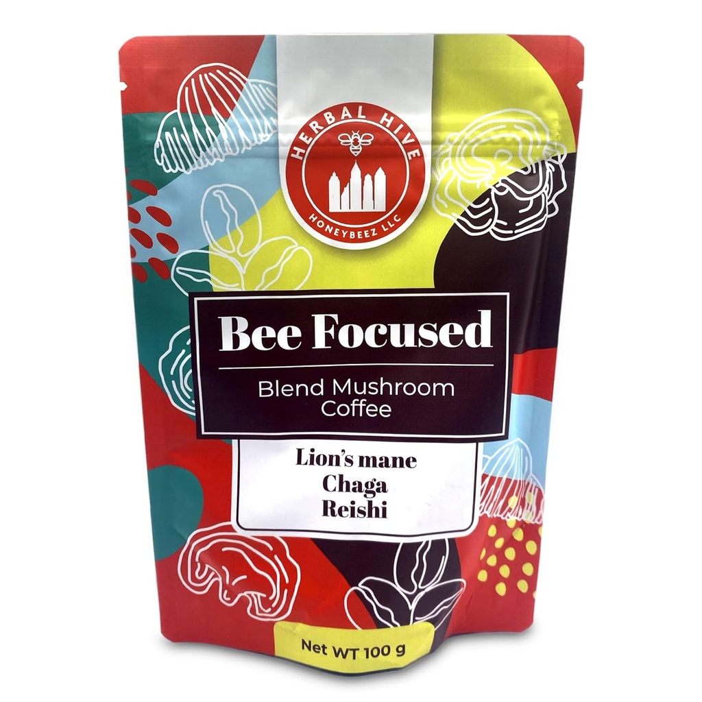 Paddestoelen Koffie van Herbal Hive Bee Focused Inclusief Adaptogens Reishi, Lion's Mane, en Chaga Superfood Low Acid Instant 30 Serves (3,5 oz, Dark Roast)