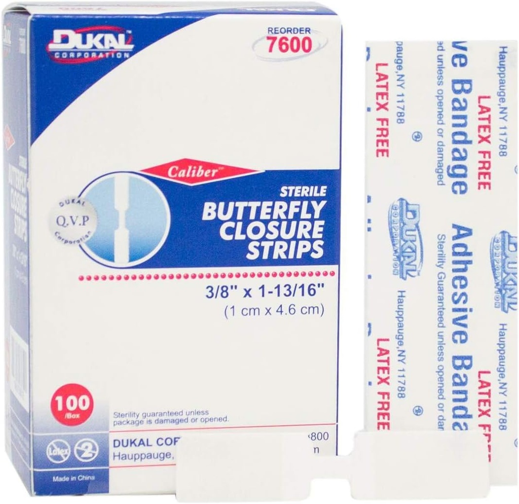Dukal Butterfly Closing Strips. Verpakking van 100 hechtingswonden. Steriele Bandages voor Wondbescherming. Voor eenmalig gebruik. Individueel verpakt. Makkelijk aan te brengen.