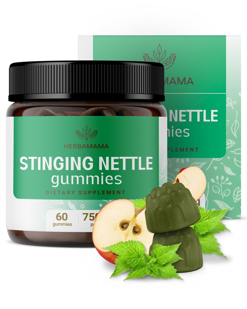 HERBAMAMA Stingerende Netel Gummies - 7500mg Sting Nettle Root Extract voor Urinaire Tract Ondersteuning voor vrouwen & Mannen - Veganistisch, niet-GMO Urtica Dioica Supplement - 60 Pectine-gebaseerde appel-gearomatiseerde kauwgom