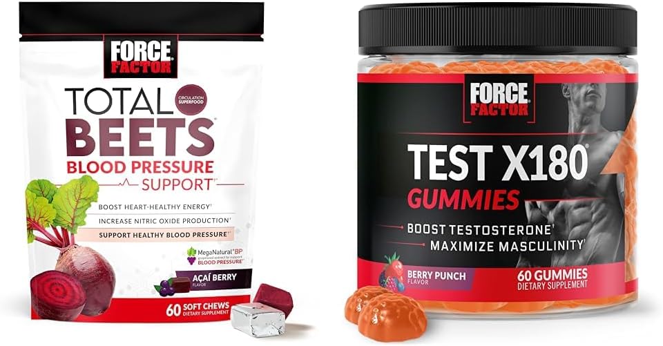Force Factor Total Beets Blood Pressure Support 60 Kauwen + Test X180 Gummies Testosteron Booster voor mannen 60 Gummies