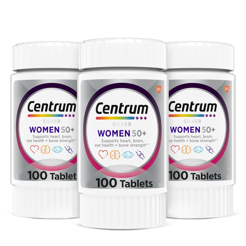 Centrum Silver Women's Multivitamine for Women 50 Plus, Multivitamine/Multimineral Supplement met Vitamine D3, B Vitaminen, Calcium en Antioxidanten, Glutenvrij, Non-GMO Ingrediënten - 300 Tel.
