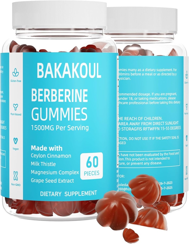 Berberine met Ceylon Cinnamon Gummies, Sugar-Free Berberine 1500 mg en Ceylon Cinnamon 500 mg, High Potency Berberine Gummies met Magnesium Complex en Milk Thistle, 60 Gummies