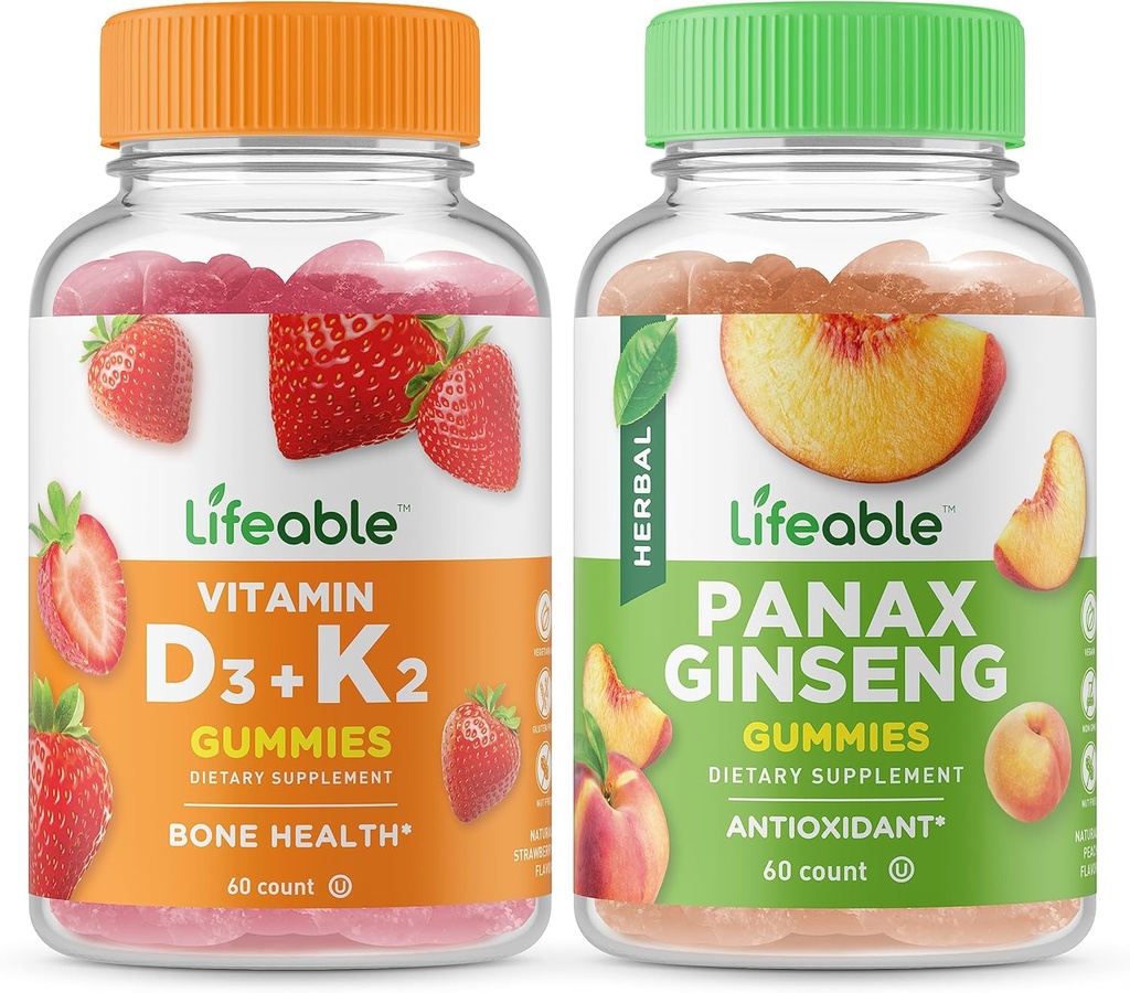 Levensvatbare Vitamine D3 + Vitamine K2 + Panax Ginseng, Gummies Bundle - Grote Proeverij, Vitamine Supplement, Glutenvrij, GGO-vrij, Kauwbare Gummy