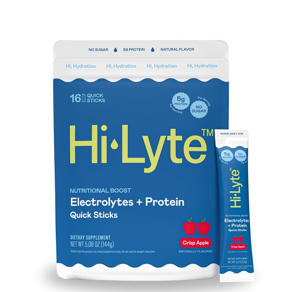 Hi-Lyte Electrolytes + Proteine Quick Sticks Crisp Apple, 16 Servings - Natrium, Kalium, Wei Proteïne - Keto Friendly - 5g Proteïne, Geen Suiker