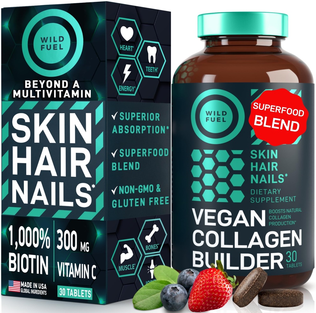 WILD BRANDSTOF Vegan Collagen Builder - Biotine, Biologische Superfood, Aminozuren Glycine, Lysine, Proline Plant-Based Collagen Booster Supplementen - 30 Organic Extract Tablets