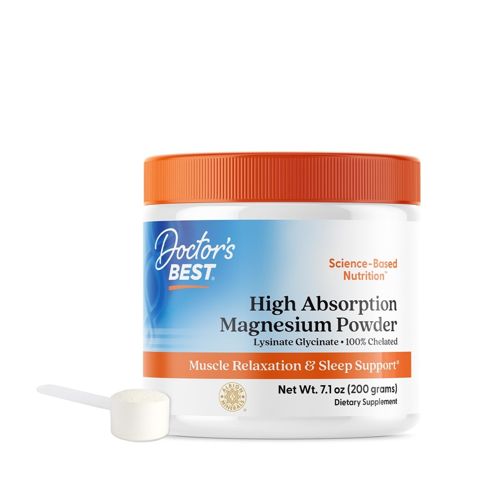 Dokters Beste Hoge Absorptie Magnesium Poeder, Witte, 100% Chelated TRACCS, Niet Gebufferd, Hoofdpijn, Slaap, Energie. Niet-GMO, veganistisch, glutenvrij, 200G, 7,1 Ounce (verpakking van 1)