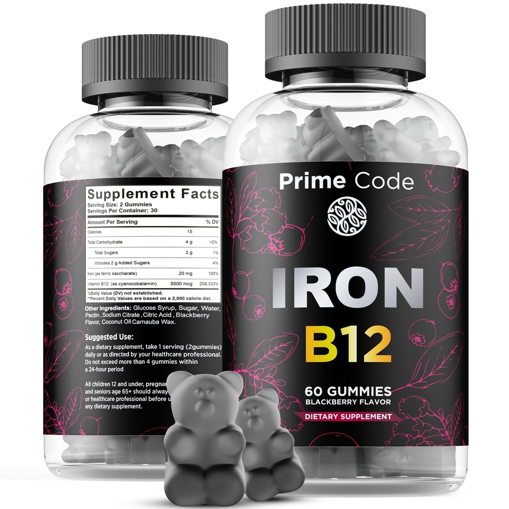 Vitamine B12 Gummies voor vrouwen & mannen, 20mg IJzersupplement voor volwassenen, Gratis Blood Builder voor anemie, Vitamine B12 Gummies met Iron & Natural Blackberry Flavor, Vegan, Non-GMO, 30 dagen levering