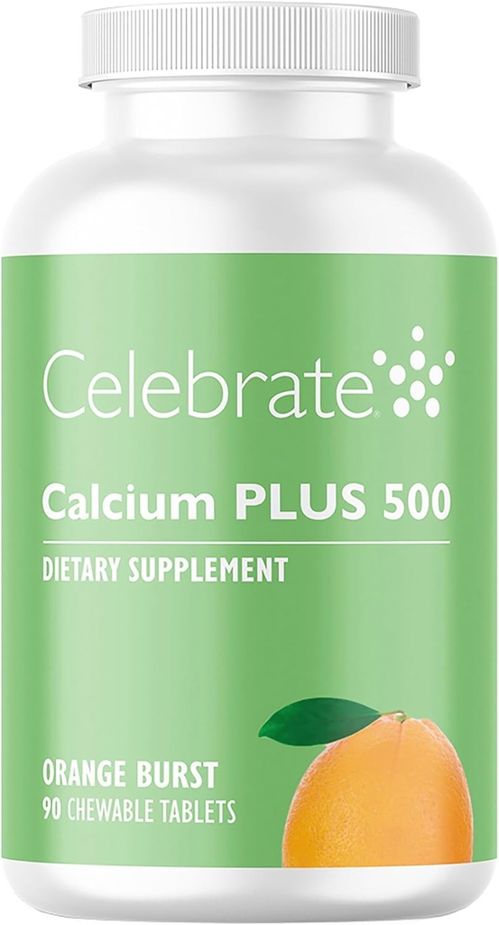 Vier vitamines Calcium Plus 500 Bariatric Calcium citraat met vitamine D3 Kauwbaar, 500 mg, Glutenvrije & suikervrije, Calcium citraat voor patiënten met bariatrische werking, Oranje Burst, 90 tellingen