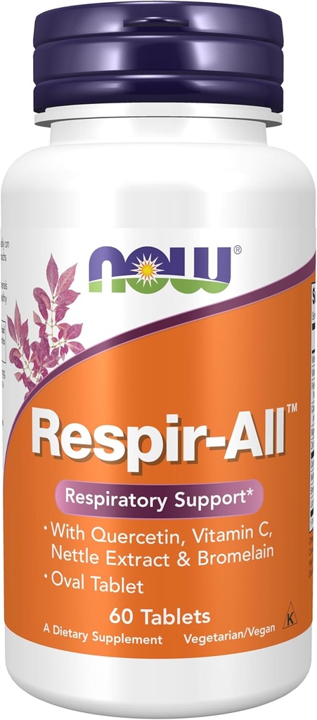 NOW Supplementen, Respir-AllTM met quercetine, vitamine C, brandnetelextract en bromelaïne, ademondersteuning*, 60 tabletten