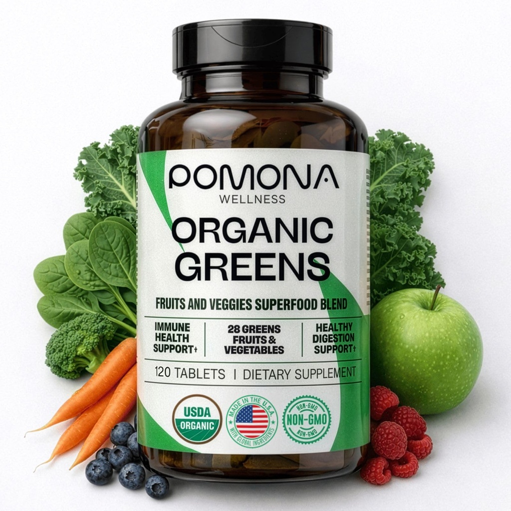 Pomona Wellness Super Greens Supplement, Vol met Superfood Vitaminen & Mineraal, Fruit & Plantaardig, Groenen Poeder voor opgeblazen en spijsvertering, Gut Health, USDA Biologische, Niet-GMO, 120 tabletten