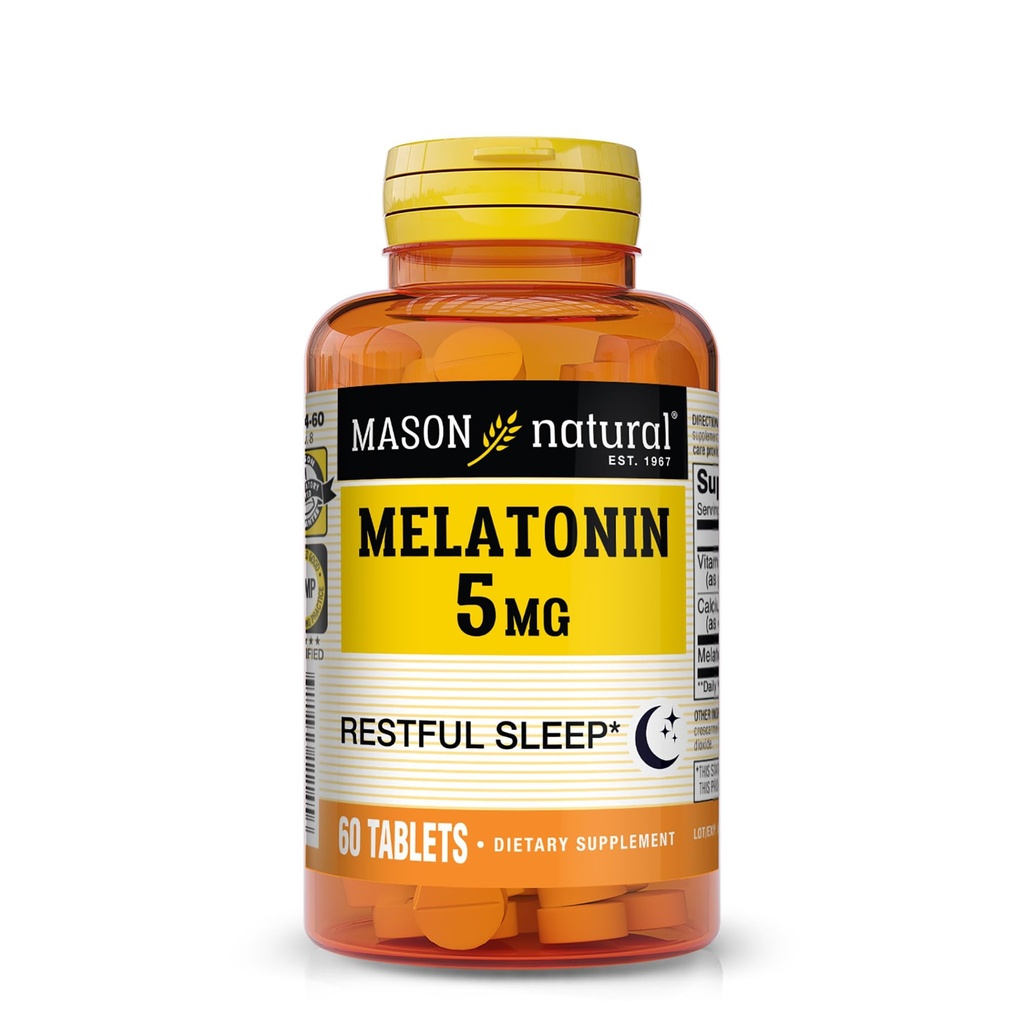 Mason Natural Melatonine 5 mg met B6 & Calcium, natuurlijke slaaphulp, ondersteunt rustgevende slaap, 60 tabletten