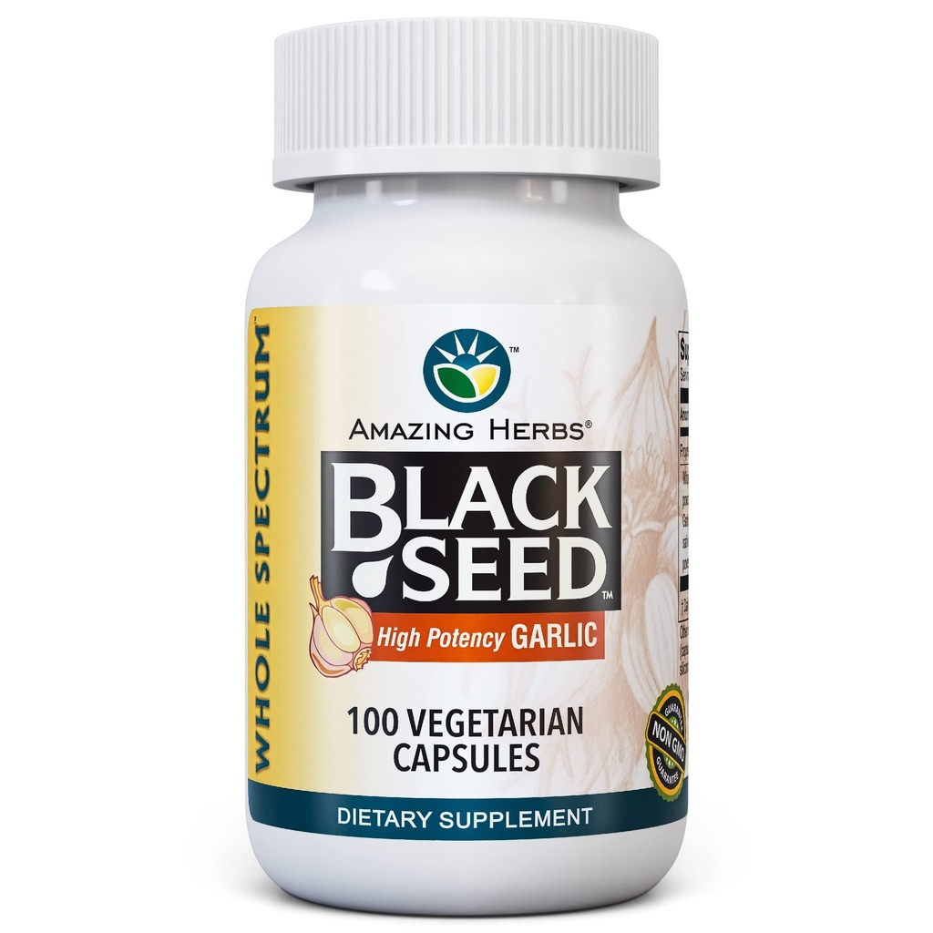 Verbazingwekkende kruiden Geheel Spectrum Zwart zaad en hoge potentie Knoflook, Vegetarische capsules - Glutenvrije, niet-GMO, Veganistisch, ondersteunt immuunsysteem, longfunctie, & Cardiovasculaire gezondheid - 100 Tel.