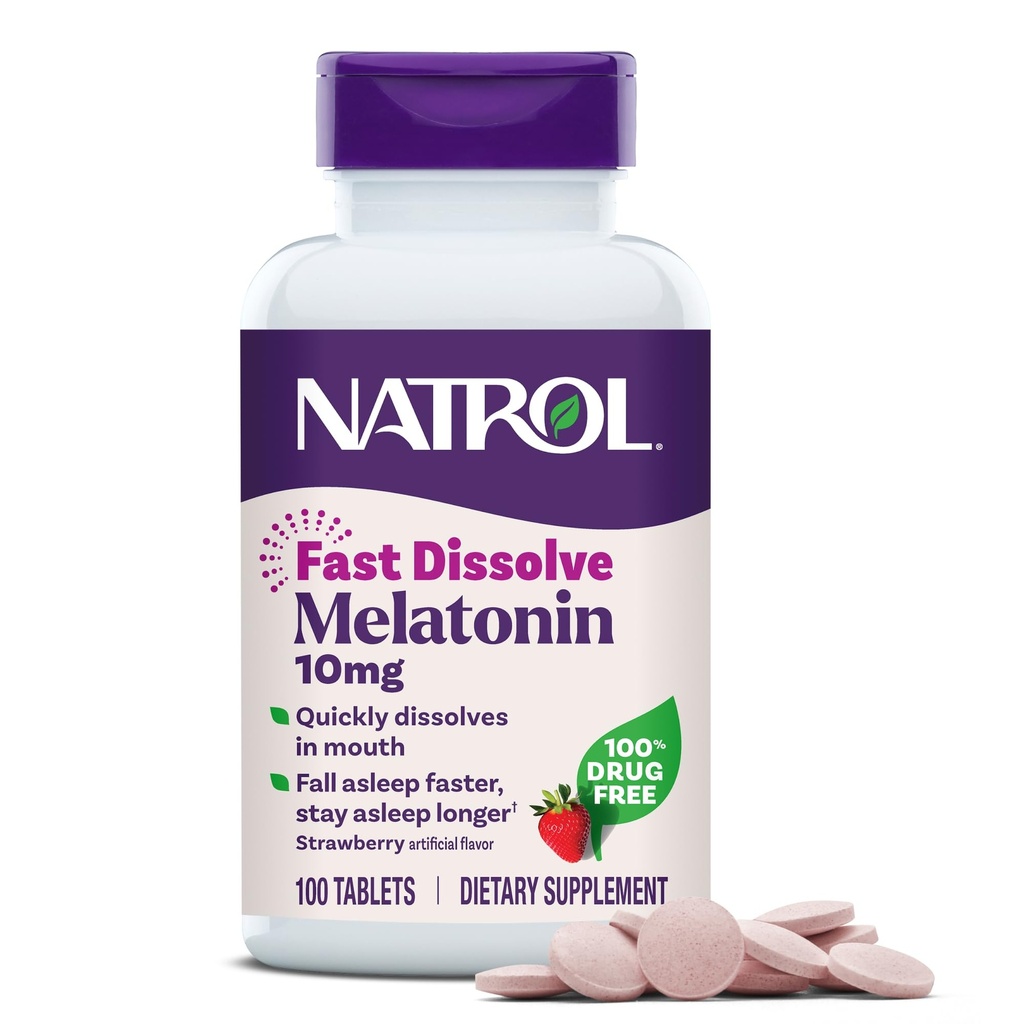 Natrol Melatonine 10mg Fast Solution Tablets - Aardbei Smaak, 100 Tellen, Slaap Ondersteuning, Fast Solution Melatonine voor Volwassenen, 100-Day Supply