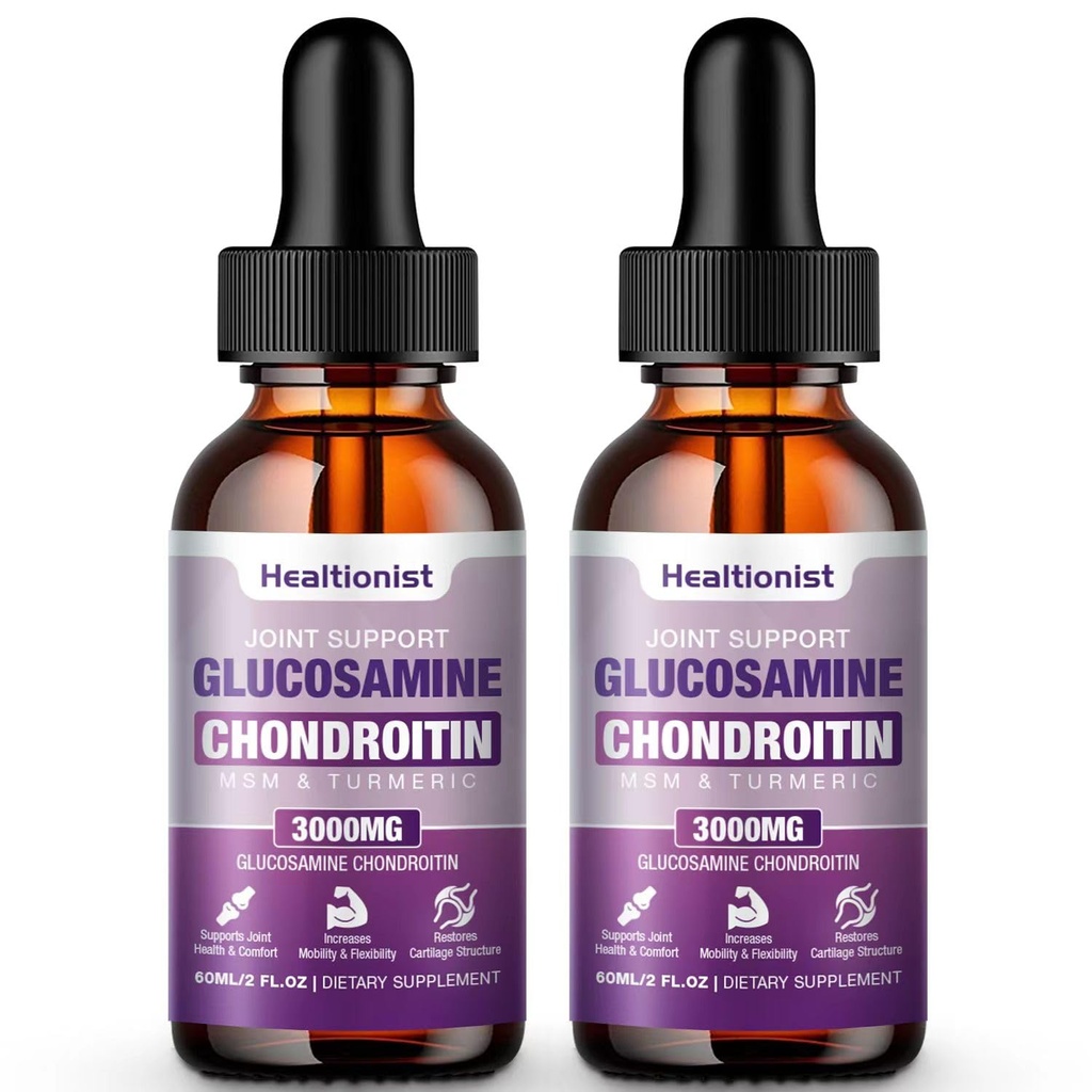 2 Pack Glucosamine Chondroitin MSM Liquid Drops, Extra Sterkte Joint Support Supplement voor volwassenen Mannen en vrouwen, Quercetin Boswelia, Bromelain, Antioxidant Immune Support (4 Fl oz)