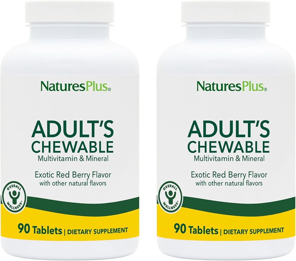 NaturesPlus Adult's Chewable, Exotic Red Berry Smaak - 90 Tablets, Pack of 2 - Multivitamine & Mineral Supplement - Vegetarisch, Glutenvrij - 180 Totaal porties
