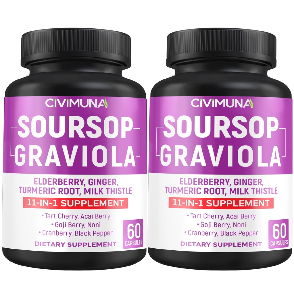 Soursop Graviola Capsules met Vlierbessen, Kurkuma Curcumin en Meer - 120 Capsules voor 4 maanden levering (pakket van 2)