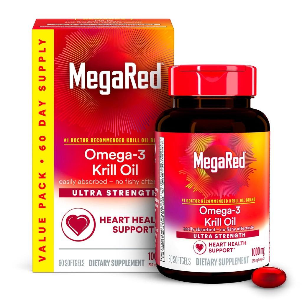 MegaRed Ultra Strength 1000mg Omega-3 Krill Oil Supplement met EPA/DHA, Astaxanthine & Fosfolipiden, Geen Visolie Nasmaak ondersteunt hart, hersenen, gewrichts- en ooggezondheid, 60 Count Softgels.