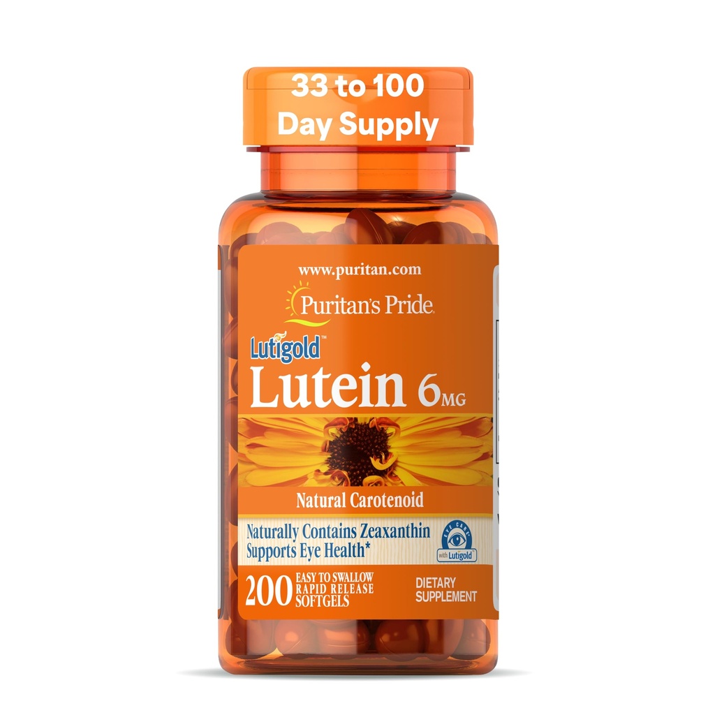 Puritan's Pride Premium LutigoldTM Lutein Carotenoid 6mg met Zeaxanthine voor mannen en vrouwen, Dieetsupplement voor Eye Health Support, 200 Rapid Release Softgels