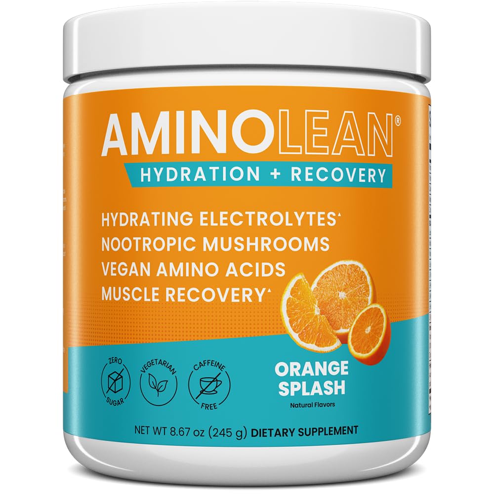 AminoLean Hydrating Electrolyte Powder and Recovery Drank with Sea Minerals, Nootropic Paddestoelen, and Vegan Amino Acids, BCAAs + EAAs for Post Workout Muscle Building, Orange Splash