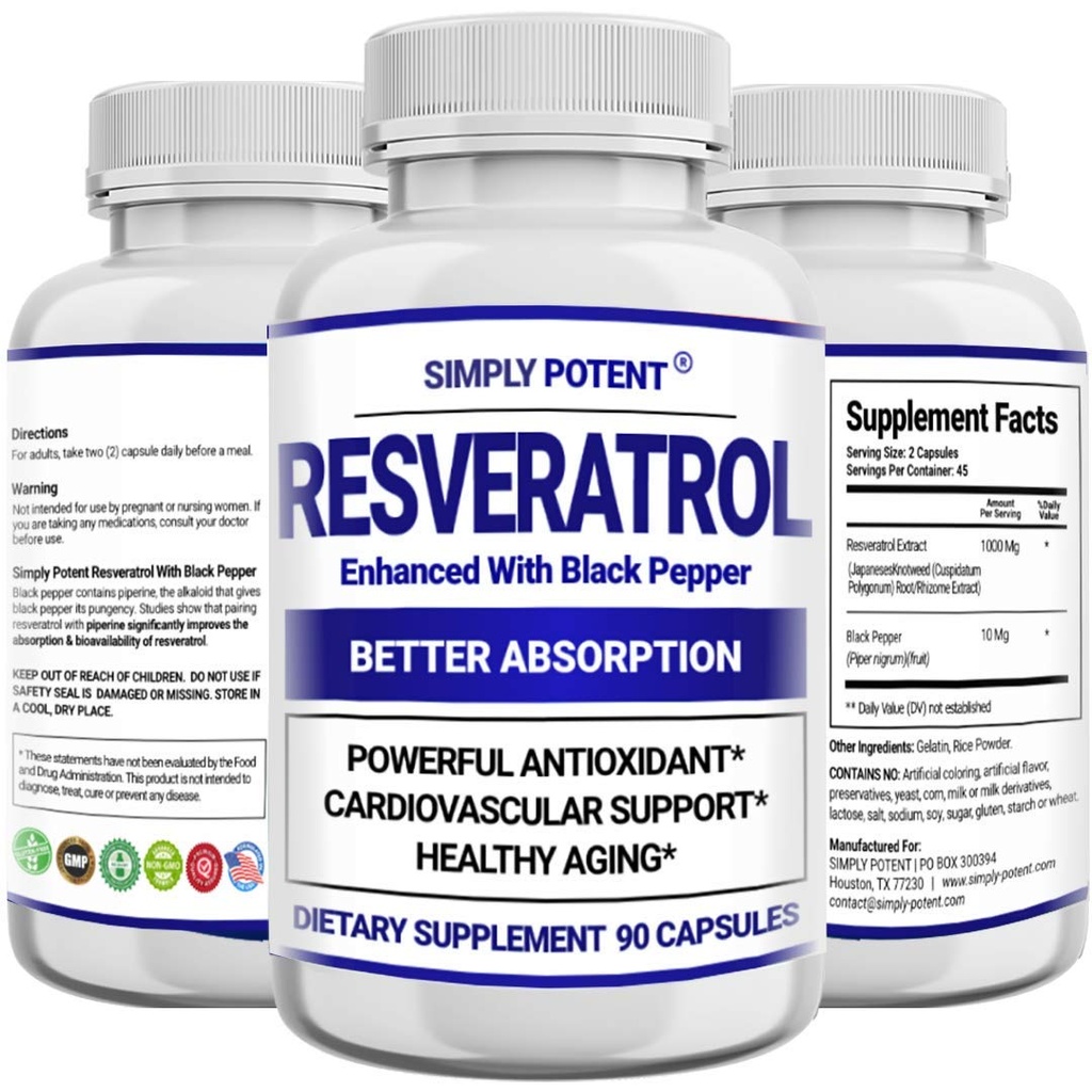 Resveratrol 1000mg Supplement, Trans Resveratrol 500mg, Resveratrol Enhanced with Black Pepper for Max Absorptie, Powerful Antioxidant & Anti-Aging Pillen voor Hart, Immune & Skin Health, 90 Capsules