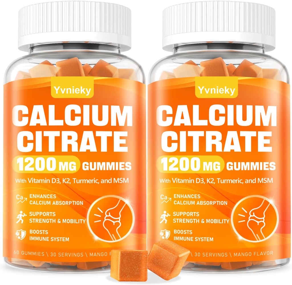 Calcium 1200 mg met vitamine D3 supplement Gummies voor volwassenen - Calcium citraat met vitamine D3, K2, Kurkuma, MSM voor vrouwen Mannen - Ondersteuning spierimmune - Suikervrij, Natuurlijke Mango smaak